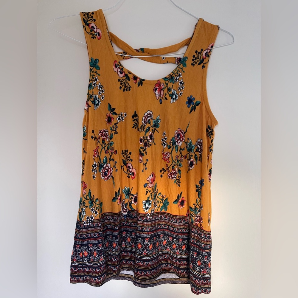 Loveappella Mustard Yellow Floral Tank Top SMALL